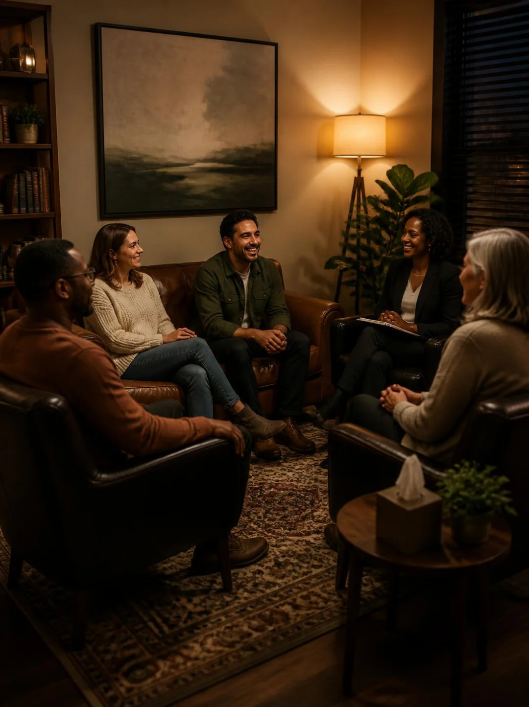 Therapist leading a small group therapy session in a warmly lit office